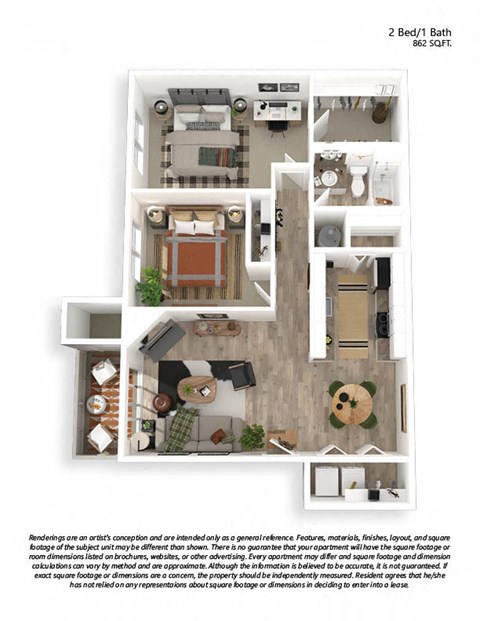 Floor plan for 2 beds, 1 bath, 862 sqft